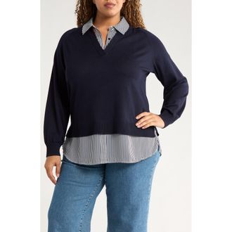 Adrianna Papell V-Neck Twofer Sweater in Navy W/Navy Small Stripe at Nordstrom Rack, Size 3X