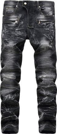 Generic Men Ripped Punk Rock Slim Yellow Denim Biker Moto Jeans Skinny Nightclub Pants Trousers Distressed Straight Leg Fashion Comfort Flex Waist Pants (Blac