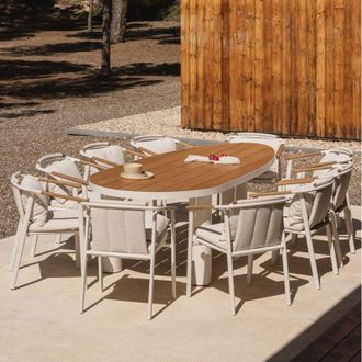 Sklum Set De Mesa Ovalada 260x110 Cm En Aluminio Y Madera De Teca Taneli Y 10 Sillas De Jard&iacute;n En Aluminio Y Tela Boucl&eacute; Yervin Sklum