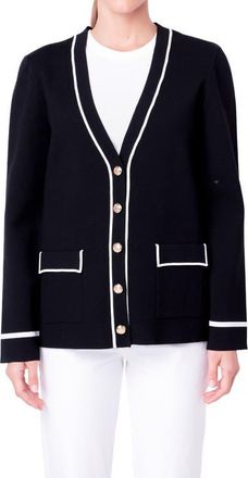English Factory Contrast V-Neck Cardigan in Black/White at Nordstrom, Size X-Small