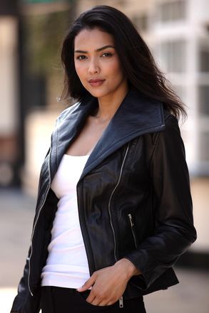 Ashwood Leather Womens Isabella Real Wide Collar Biker Jacket - Black - Size 18 UK