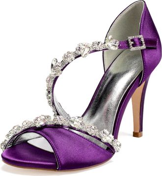 Generic Wedding Bridal Shoes Womens Heels Ankle Strap High Heels Heeled Open Toe Satin Bridal Stiletto Sandals 10.5Cm,Purple,8 UK