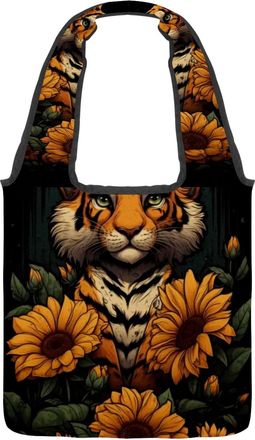 Generic Sunflower Cartoon Tiger Reversible Canvas Shoulder Tote - Double-Sided Print, 12oz Cotton, 27cm Drop, Fold-Flat Bag for Travel, Shopping, Street Outin