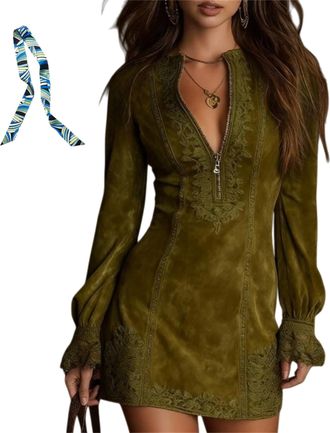 Generic Womens Suede Dress V-Neck Zip-Up Dress, Western Cowgirl Trim Long Sleeve Solid Retro Mini Dresses, A Line Bodycon Dresses (Green,XL)