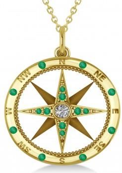 Allurez Compass Pendant For Men Emerald & Diamond Accented 14k Yellow Gold (0.45ct)