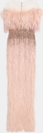 Pamella Roland Feather Beaded Off-The-Shoulder Illusion Column Gown