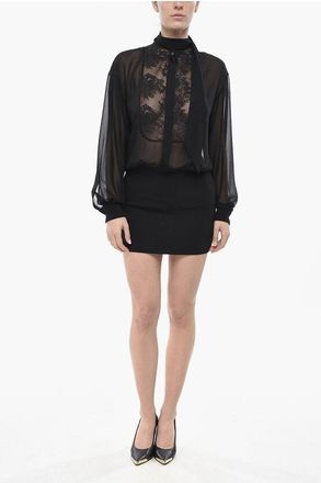 Pinko Chiffon Tuxedo Blouse CALANDRO with Tie Neck Collar size 40