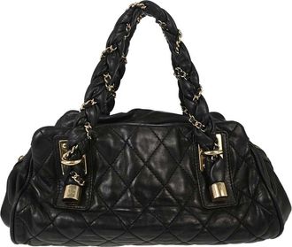 Chanel Lady Braid Bowler Quilted Distressed Calfskin Black Leather Handbag (Pre-Owned)