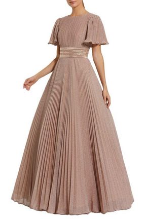 Mac Duggal Pleated Shimmering Georgette Flutter Sleeve Gown in Rose Gold at Nordstrom, Size 14