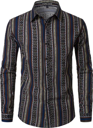 PARKLEES Mens Cotton Linen 70s Disco Retro Traditional Pattern Printed Long Sleeve Button Down Shirt Navy Yellow Stripes Medium