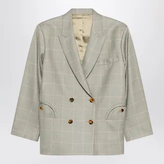 Blaz&eacute; Milano Double-breasted beige blazer with pink check pattern