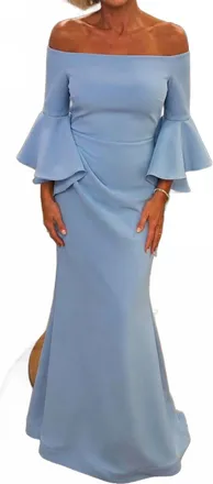 Jovani Scuba Off The Shoulder Bell Sleeves Dress In Light Blue