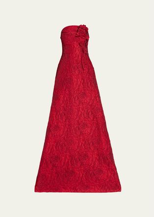 Teri Jon Strapless Floral Jacquard A-Line Gown
