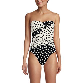 Lands End Slender Suit Shine Bandeau Tummy Control Chlorine Resistant High Leg One Piece Swimsuit in Black/egret Mixed Tossed Dots at Nordstrom
