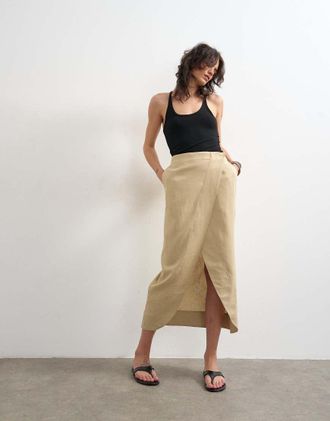 Topshop Gonna lunga a portafoglio in lino color tortora-Marrone