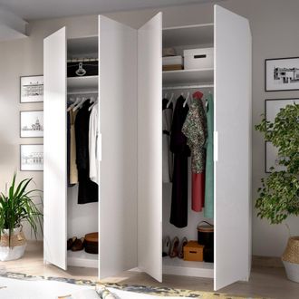 Dmora Armario Prado, Perchero Para Dormitorio, Armario Con 4 Puertas Batientes, 180x52h204 Cm, Blanco - Dmora