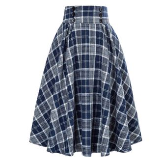 Generic Checked Skirt Womens Midi Skirt A Line Pleated Skirt Knee-Length Tartan Skirts Dress with Buttons Wrap Skirt for Women Swing Casual Skirt Checked Autu