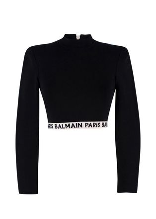 Balmain Black High Neck Cropped Logo Detail Top Size XXS