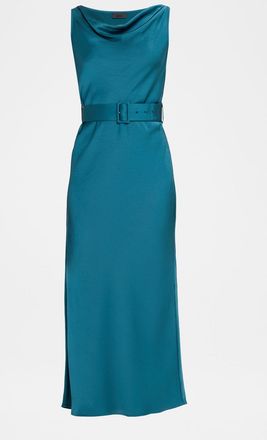 Sally Lapointe Cowl-Neck Satin Belted Sleeveless Midi Dress