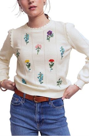Boden Valeria Floral Embroidered Sweater in Warm Ivory Melange Embroidery at Nordstrom, Size X-Small