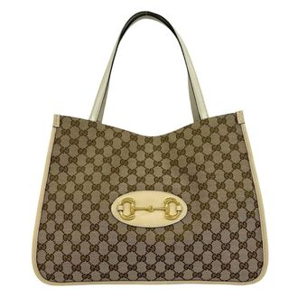 Gucci Beige Brown Canvas Leather Shoulder Bag Tote Bag (Pre-Owned)