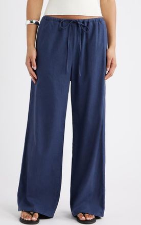 Open Edit Linen Blend Wide Leg Pants in Navy Indigo at Nordstrom, Size Xx-Small
