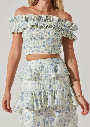 Astr Foufette Ruffle Top In Blue Ivory Floral