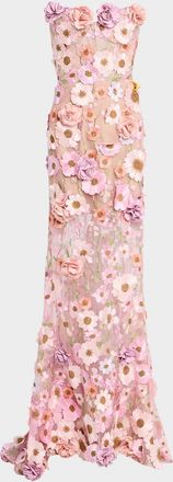 Bronx and Banco Jasmine Strapless Floral-Embroidered Gown