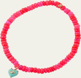 Sydney Evan 14K Yellow Gold Small Carved Diamond Marquise Bezel Turquoise Heart Charm on Hot Pink Opal Beaded Bracelet