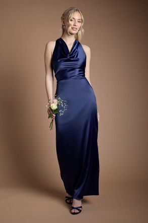 Oasis Womens Satin Cowl Neck Maxi Bridesmaid Dress - Navy - Size 14 UK