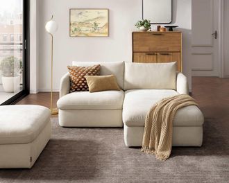 Castlery Ollie Storage Small Chaise Sectional Sofa with Ottoman, Ivory, Removable Covers, Gaslift Storage