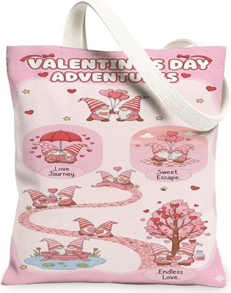 Generic ValentineS Day Hearts Canvas Tote Bags, Cute Love Journey Pattern Reusable Grocery Bags, Fun Lightweight Washable Shoulder, Peach, 13x15 Inch