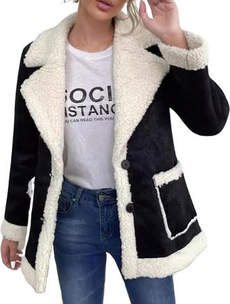 Generic Womens Winter Notched Collar Button Down Sherpa Fleece Lined Faux Suede Outerwear Jacket Coat (Black,XL)