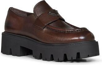 Prada Womens Loafers Brushed Leather Teak Brown Calf