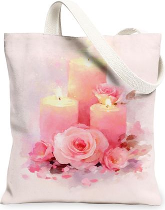 Generic Peach Floral Canvas Tote Bags, Elegant Rose Pattern Reusable Grocery Bags, Vintage Washable Shoulder Strap for Travel Beach, Peach, 13x15 Inch