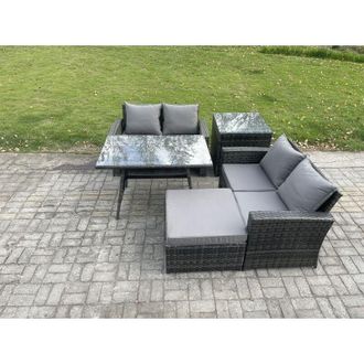 Fimous Garden Furniture Sets 5 Pieces Wicker Rattan Furniture Manual Wicker Patio Sofa Patio Conversation Set with Side Table Big Footstool Dark Grey Mixed