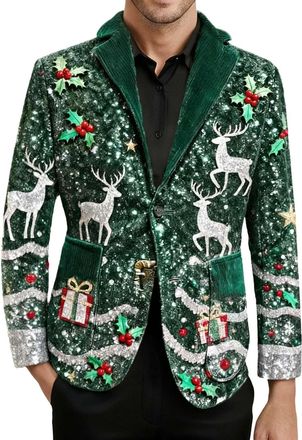 Generic Green Blazer for Men,Ugly Christmas Corduroy Ceremonial Blazers Christmas Elk Printed Blazers Single Breasted Blazer Novelty Xmas Graphic Suit Coat Fe