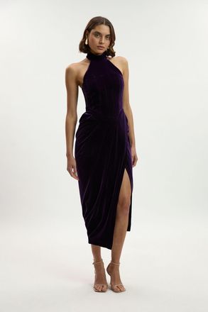Karen Millen Womens Tailored Velvet Halter Neck Maxi Dress - Purple - Size 14 UK