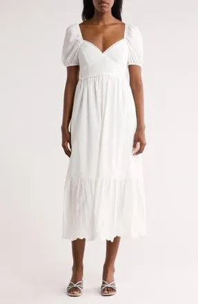 August Sky Puff Sleeve Embroidered Hem Maxi Dress in White at Nordstrom Rack, Size Medium