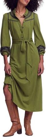 Boden Embroidered Ruffle Trim Midi Shirtdress in Olive at Nordstrom Rack, Size 10