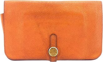 Herm&egrave;s Dogon Orange Leather Long Wallet (Bi-Fold) (Pre-Owned)