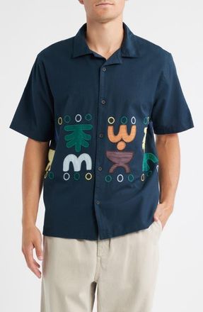 Wax London Didcot Bold Doodle Embroidered Cotton & Linen Camp Shirt in Navy /Multi at Nordstrom, Size Xx-Large