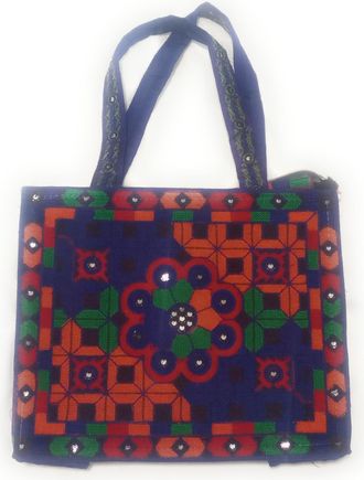 Generic Traditional Pakistani Handbag, Cotton Quilted with Mirror Work, Navy Blue with Orange and Green Geometric Pattern