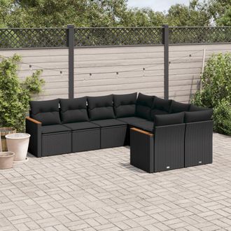 vidaXL Set De Sof&aacute;s De Jard&iacute;n 8 Piezas Y Cojines Rat&aacute;n Sint&eacute;tico Negro Vidaxl