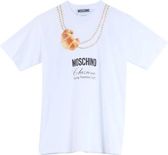 Moschino Croissant Print Wit Katoenen T-shirt - Heren - T-shirts - Wit - M - Katoen - Tops