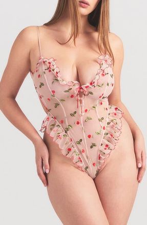 SKIMS Embroidered Tulle Garter Teddy in Primrose Cherry Tulle at Nordstrom, Size X-Small