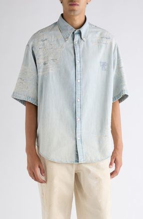 Acne Studios Setar Mending Distressed Short Sleeve Denim Button-Down Shirt in Light Blue at Nordstrom, Size 40 Us
