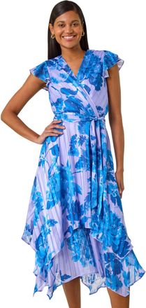 Roman Womens Floral Frill Midi Wrap Dress - Blue - Size 14 UK