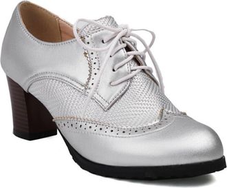 Generic Womens Oxford Pumps Lace Up Round Toe Block Heel Woven Panel Perforated Trim Smooth Upper Dress Shoes Comfortable for Fashion Party,Silver,4.5 UK