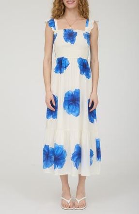 August Sky Ruffle Strap Smocked Midi Dress in Blue/Ivory at Nordstrom Rack, Size Medium